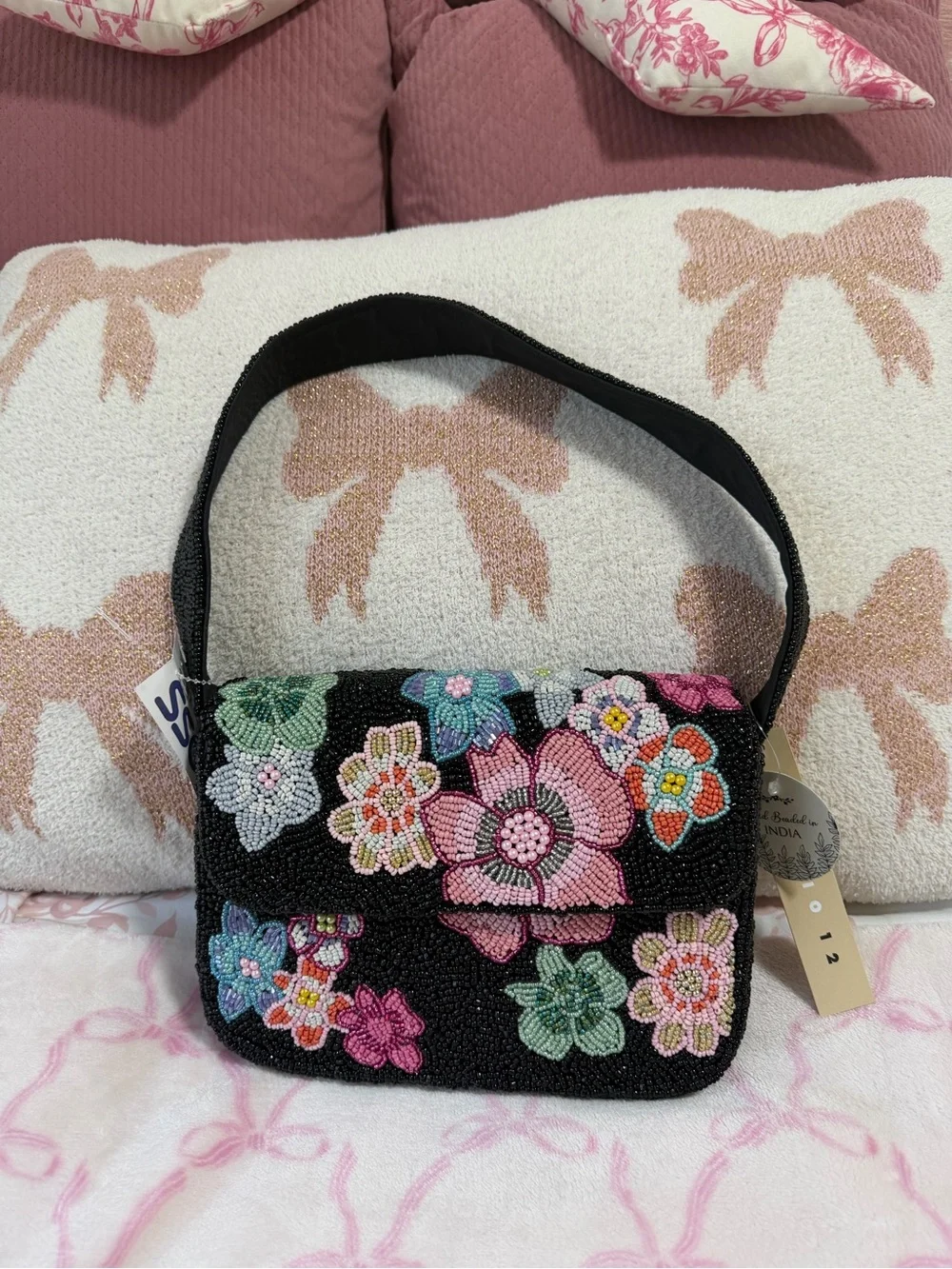 Beaded Floral Shoulder Bag - Black with Pink & Multicolor Flowers - Picture 4 of 6
